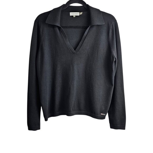 Calvin Klein Knit Long Sleeve V Neck Black Polo Collar Sweater - Picture 1 of 7